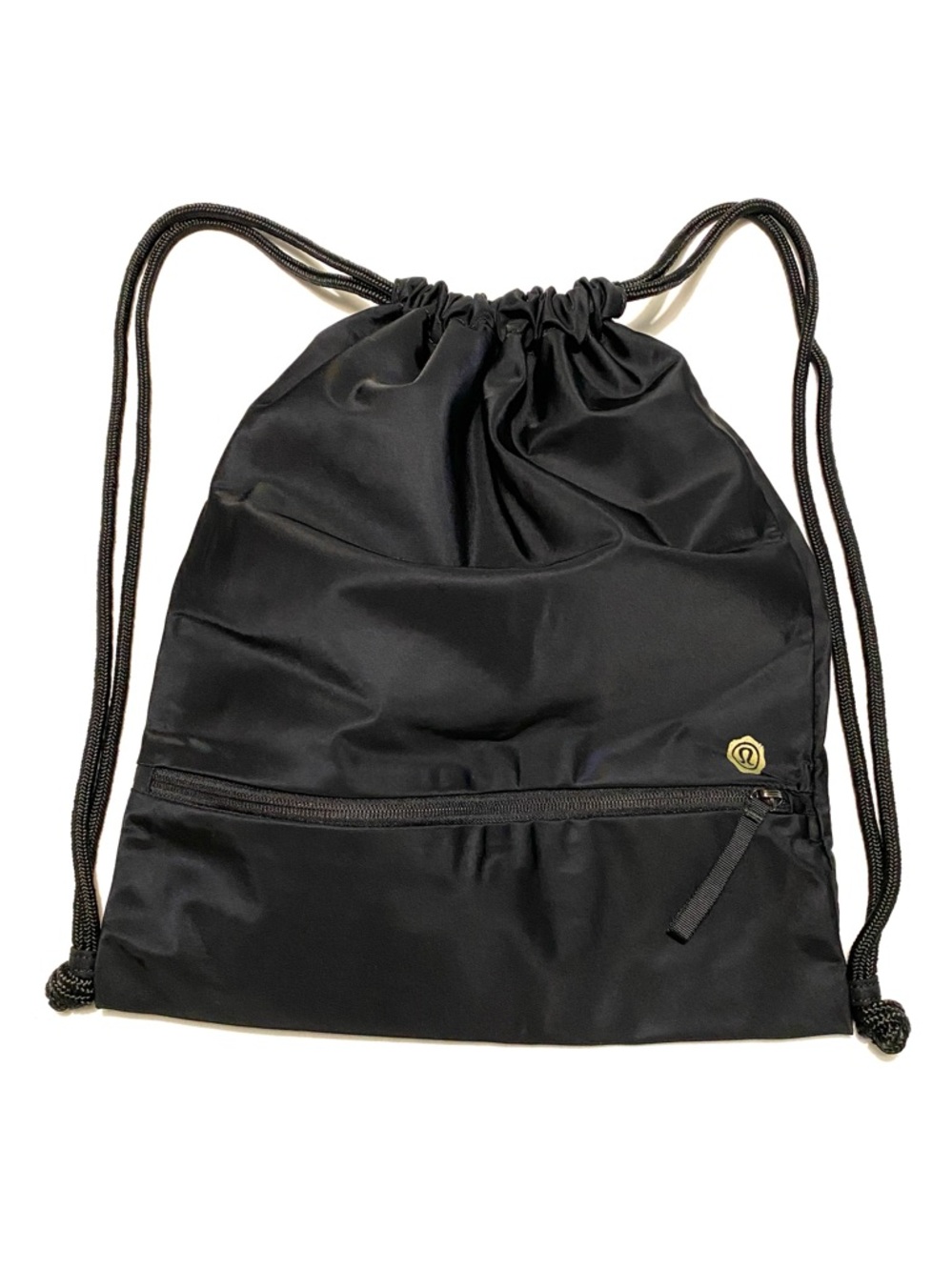 Lululemon Seawheeze Drawstring Backpack Black Gold Logo Gym Cinch Bag Travel Run